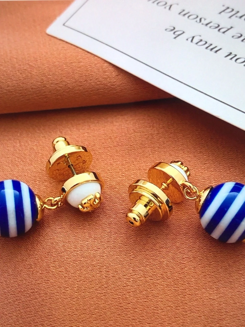 Tory Burch Blue & White Striped Drop Earrings with Gold Accents
